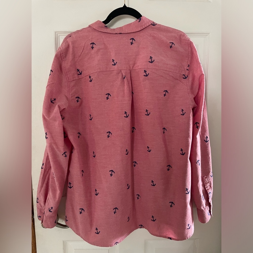 Bass Women’s Red Button-Down Shirt with Navy Anchor Print - Picture 3 of 4